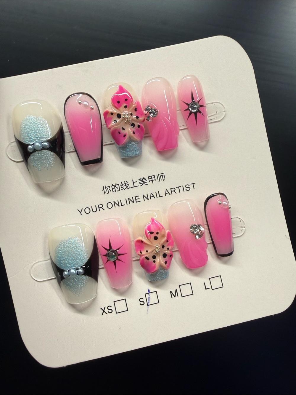Pink Ombre Flower Rhinestone Press-On Nail Small